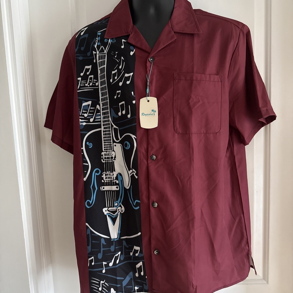 Royaura Hawaiian Shirt Electric Guitar Sz M Maroon NWT